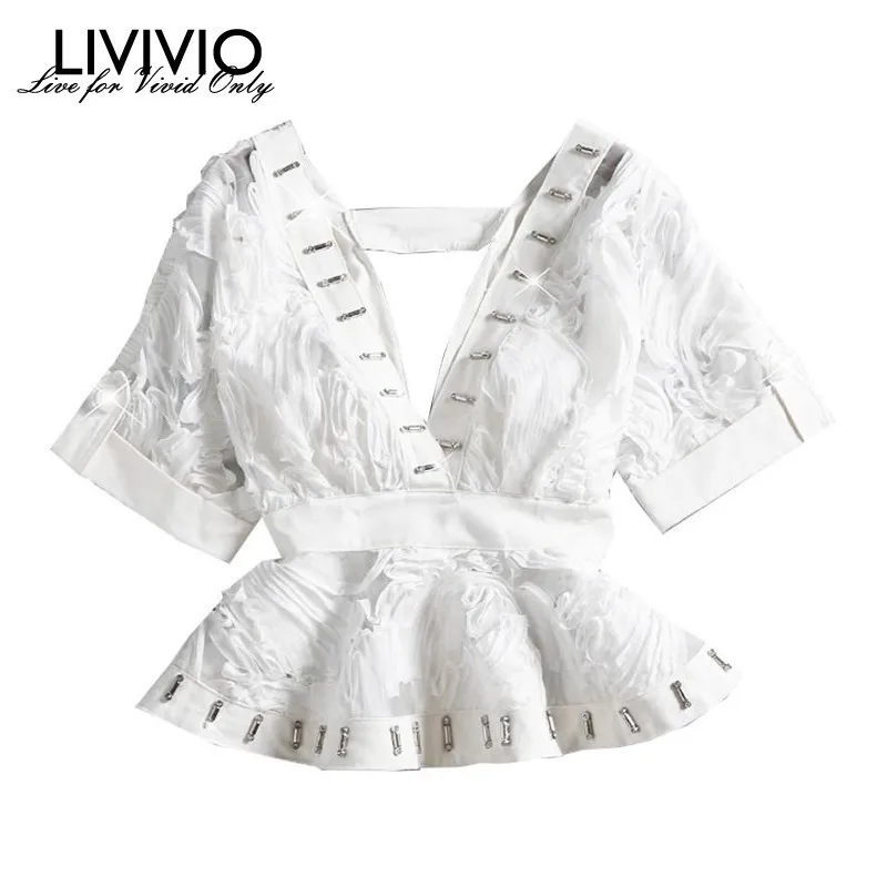 

[LIVIVIO] Spring White Sexy Blouse Women V Neck Short Sleeve Perspective Rivet Tunic Female Shirt Fashion 2019 New Korean