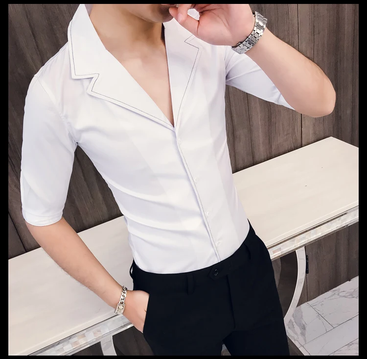 Solid Color Seven-quarter Sleeve Shirt Man Kemeja Pria Camisa Masculina Suit Collar Casual Style Half Sleeve Mens Camisa Hombre