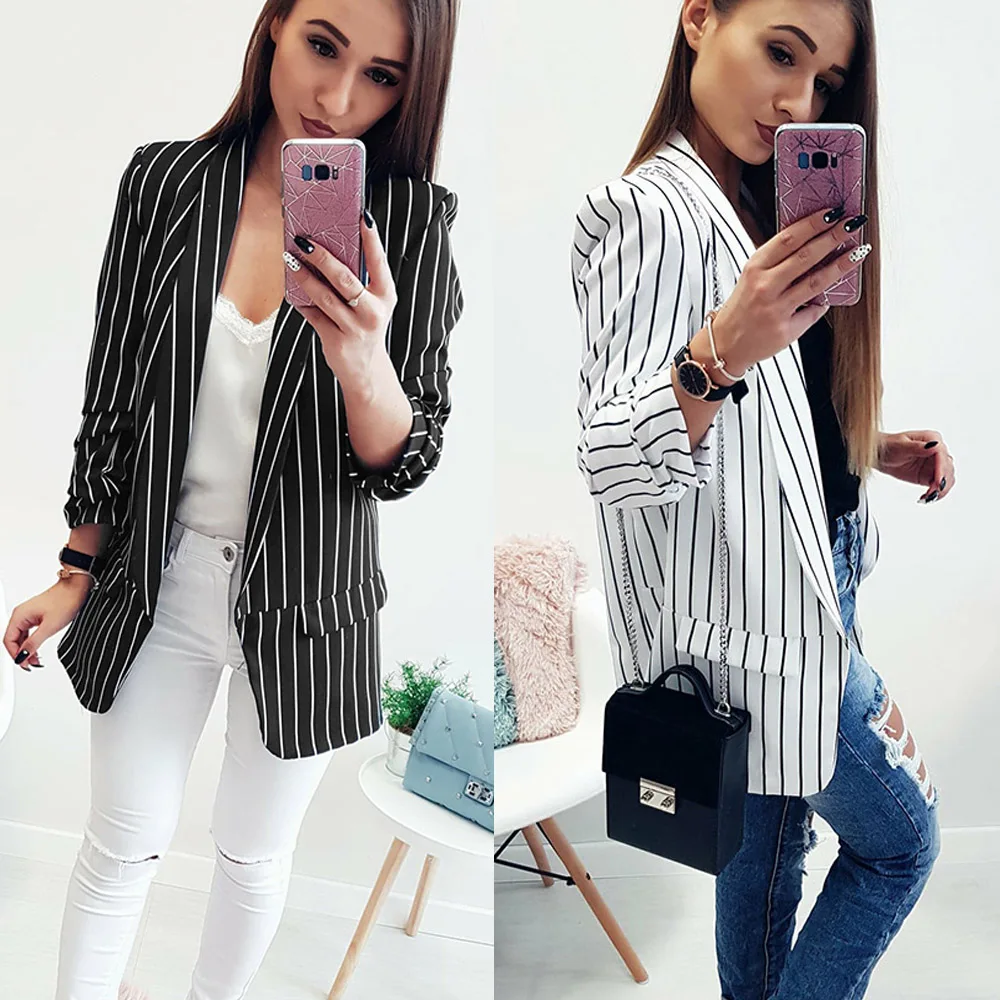  Women Striped Blazers And Jackets 2018 New Autumn Fashion Single Button Blazer Femenino Ladies Solid Long Style  Blazer Female