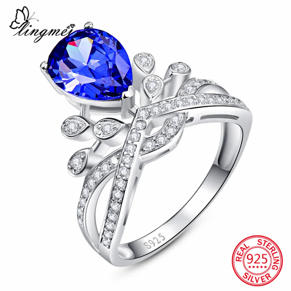 

lingmei Crown Princess Jewelry Wedding Red Blue White CZ 925 Sterling Silver Ring Size 6 7 8 9 Beauty Women Ring