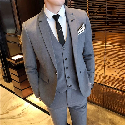 Мужской костюм, пиджак с жилетом и брюками, деловой Свадебный Банкетный мужской костюм, комплект из 3 предметов, Размеры S-4XL, мужские костюмы, блейзеры - Цвет: Light grey