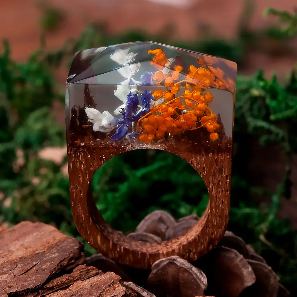 DoreenBeads Resin Secret Wood Ethereal Blossom Flower Wood Ring Multicolor Faceted Rectangle 17 9mm 6 8
