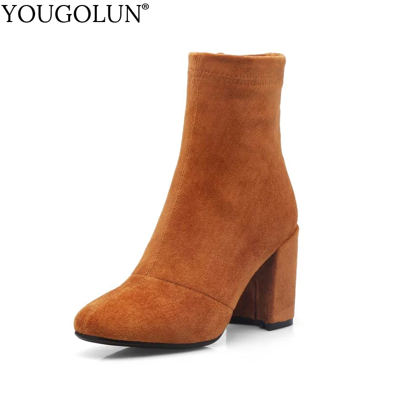 

YOUGOLUN Women Ankle Boots Spring Autumn Stretch Flock Square Heel 8 cm High Heels Pig Leather Yellow Black Gray Shoes #Y-209