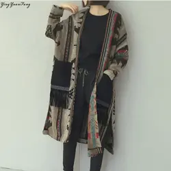 YingYuanFang модные национальный ветер печати больших разрез карман шить шерстяной бахромой куртка и переснованные ленты