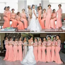 Африканские персиковые Длинные платья подружки невесты платье русалки для свадебной вечеринки vestido longo Элегантные Формальные платья с коротким рукавом