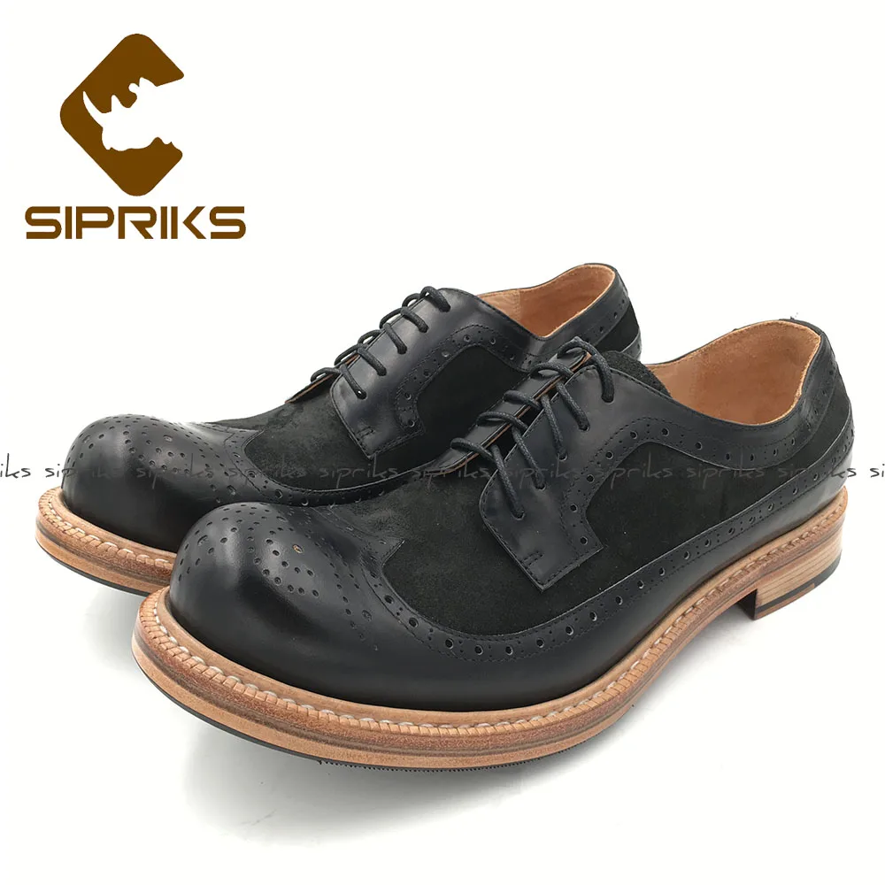 

Sipriks New Style Mens Goodyear Welted Brogue Shoes Calf Leather Black Cow Suede Gents Suit Shoes Retro Classic Footwear Shoes