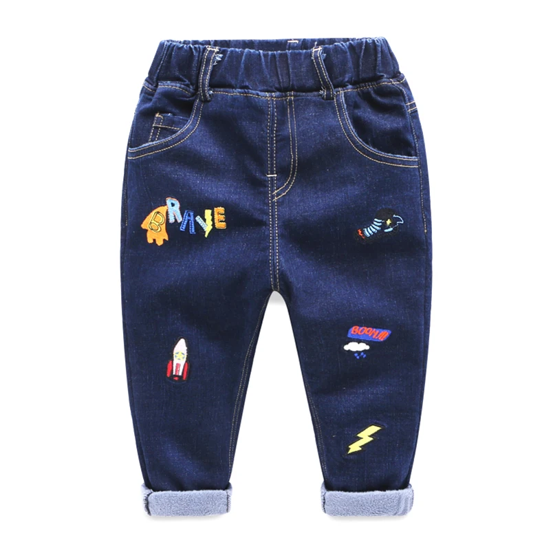 

Mudkingdom Boys Winter Jeans Girls Letter Pattern Elastic Waist Fleece Lined Denim Pants With Pockets Casual Thermal Trousers
