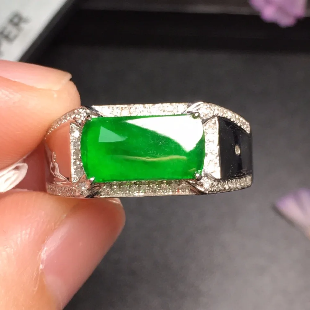 

Fine Jewelry 18K White Gold Real Natural Green Jade Burma Origin Wedding Engagement Male Rings for Men's Fine Ring