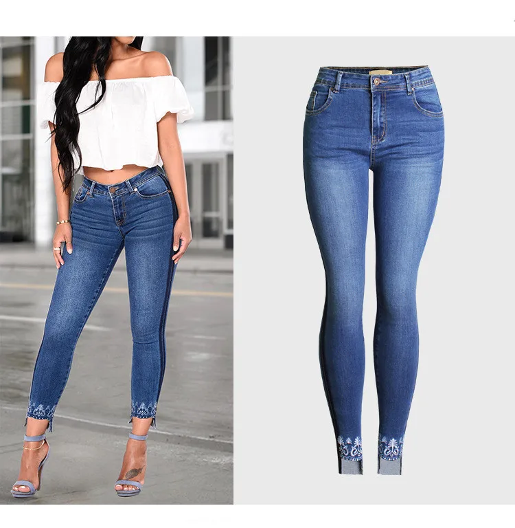 High Waist Jeans Embroidered Denim Pencil Pants Hot Fashion Stretchable Skinny Jeans Women Blue Color Slit Foot Jeans Female (3)