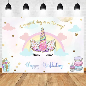 

Rainbow Unicorn Happy Birthday Photography Backdrops A Magical Day is on The Way Gift Box Birthday Party Background Photography