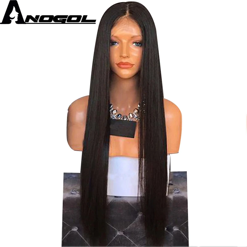 Anogol Высокая температура волокна бразильские волосы длинные прямые волосы парики синтетические кружева передний парик для черных женщин косплей