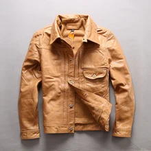 Мужская приталенная куртка из натуральной кожи с отложным воротником, винтажная мотоциклетная мужская куртка из воловьей кожи, повседневная куртка из натуральной кожи