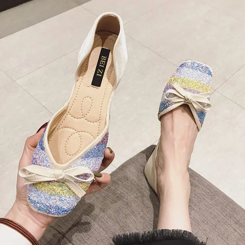 

summer women flat Lace-Up Ballet Flats PU Slip-On Rubber Butterfly-knot Sequined Cloth Boat Shoes Bling ballet Square Toe