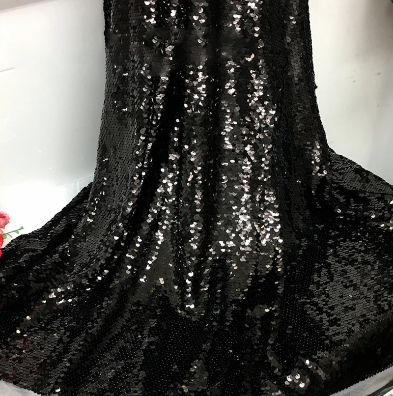 

2018 New 5MM Black Double-layer Sequins Mesh Fabric Telas Designer DIY Party Dress Material Super Encrypted Fish Scale Flake