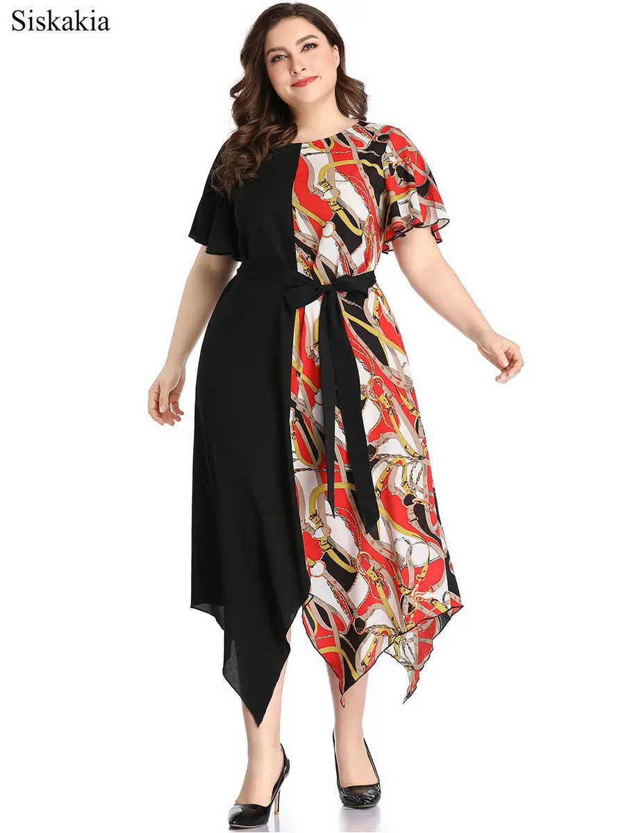 Siskakia 2019 New Contrast Color Patchwork Asymmetrical Dress Ladies Fashion Plus Size Sashes Women Dresses O Neck Short Sleeve (3)
