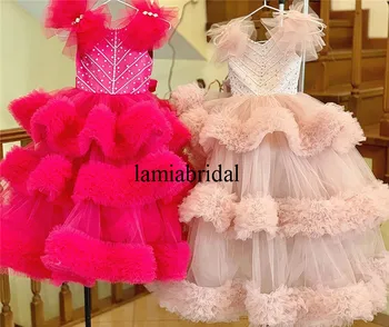 

Luxury Crystals Ball Gown Flower Girls Dresses For Wedding 2019 Pink Ruffles Cheap Tulle Girls Birthday First Communion Gowns