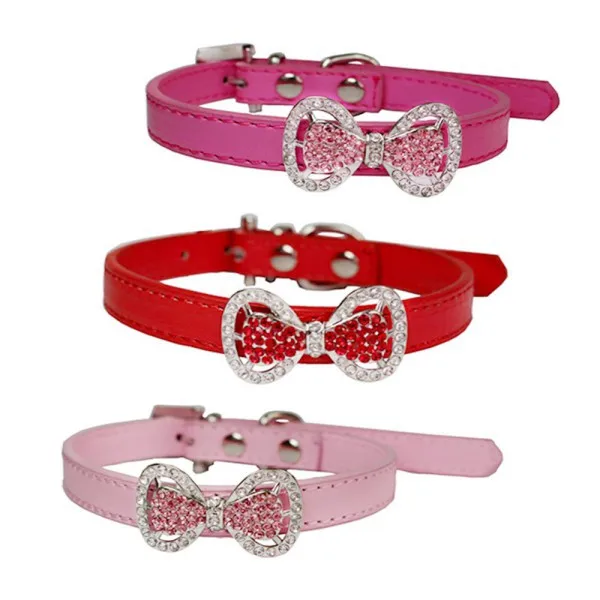Factory Price! Adjustable Pet Collar Leads Crystal Bow Leather Dog