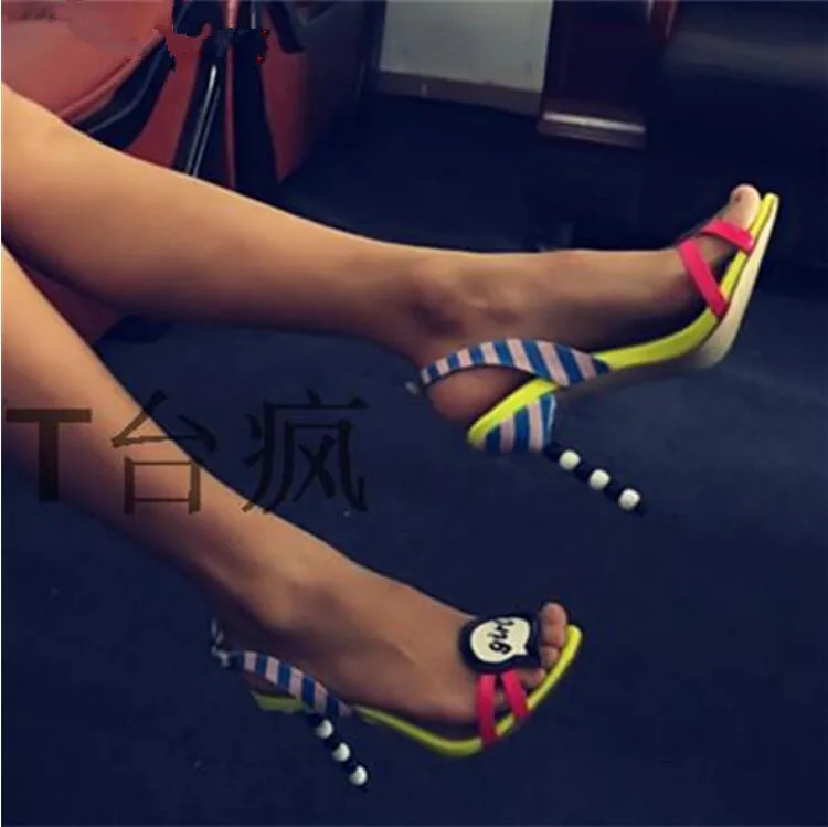 

2018 Cute Girl Summer Shoes Mixed Colors Runway String Bead Thin High Heels Sandals Sapato Feminino Women Gladiator Sandals