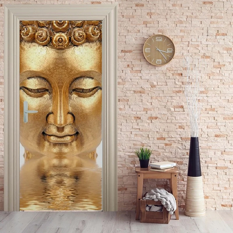 DIY Наклейка на дверь самоклеющаяся наклейка Будда лотоса домашний декор религия бумага для гостиной ПВХ водонепроницаемый 3D печать фото искусство