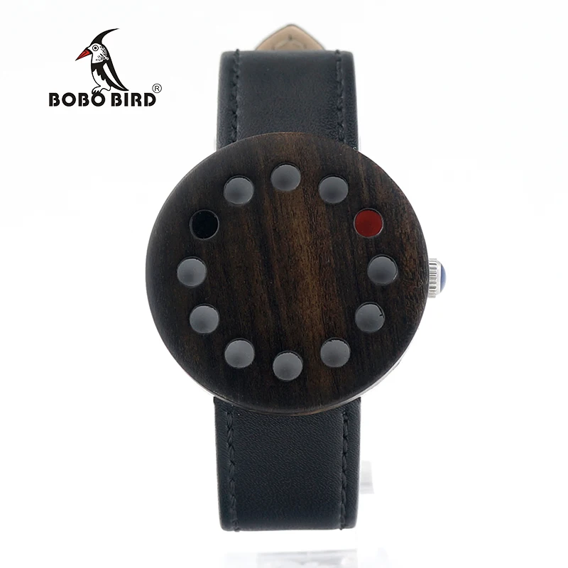 BOBO BIRD V-C12 Ebony Wooden Watch 12 holes design Stainless Steel Case Quartz Clock 38mm Diameter for Men Women Reloj Mujer