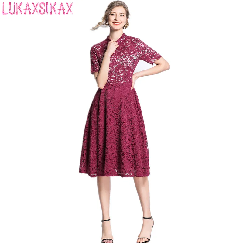 

LUKAXSIKAX 2019 Spring Summer Women Dress High Quality Hollow Out Lace Designer Short Sleeve Slim Runway Dress