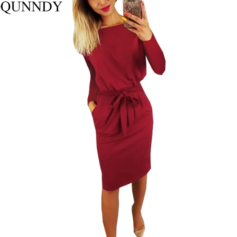 

Qunndy Bodycon Dress Office Ladies Solid Casual Knee-length Womens Dresses Autumn Winter New Elegant Long Sleeve Pencil Dress