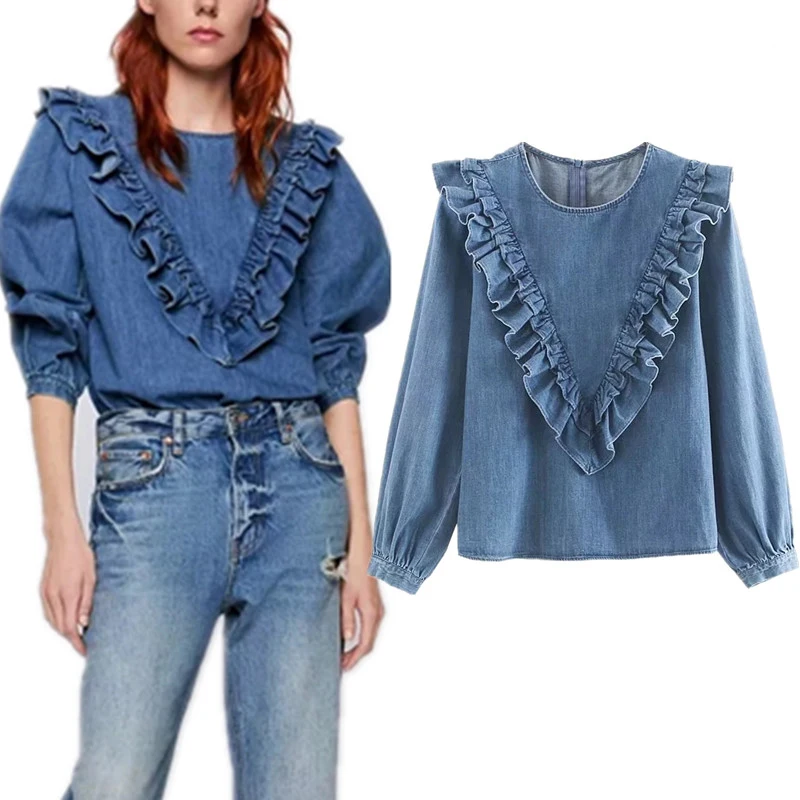 

Women Clothe blusas mujer de moda 2019 pullovers ruffles o-neck denim regular solid kimono blouse womens tops and blouses