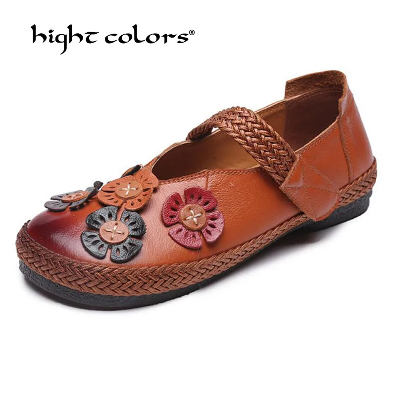 

Summer 2019 Flower Woman Flats Genuine Leather Breathable Flat Handmade Shoes Hook Loop Middle-aged Leisure Women's shoes P-958