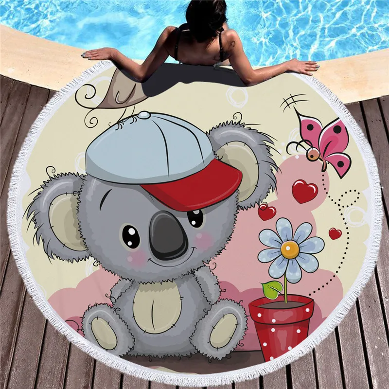 

POBING 2019 Lovely Bears Print Flamingo 520G Round Beach Towel With Tassel Microfiber 150cm Picnic Blanket Mat Tapestry Shawl