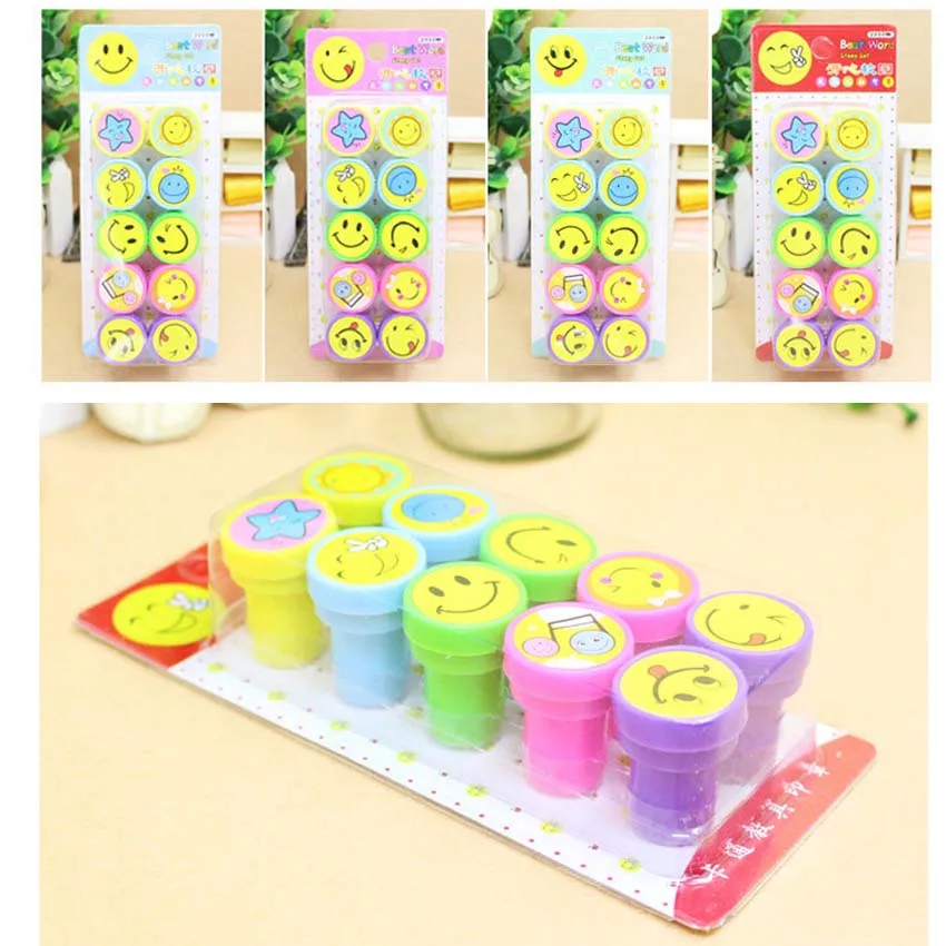 

10pcs/lot Kids Smile Emoji Stamper Fruit Smiling Cartoon Stamp Children Custom Plastic Rubber Self Inking Stampers Toys