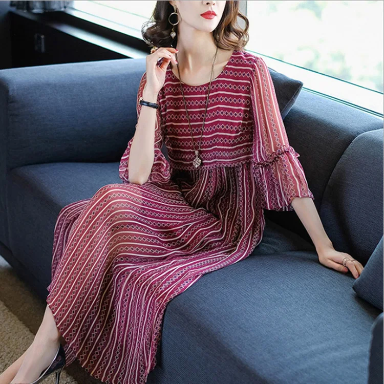 

2019 summer women long dresses casual loose o neck striped floral Print vintage Maxi dress Female plus size 3XL chiffon Vestidos