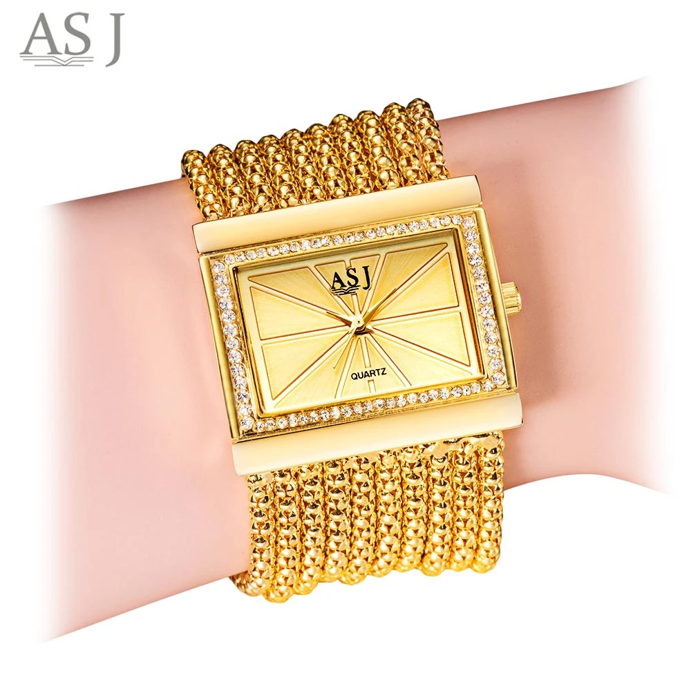 ASJ Women Quartz Watch Artificial Diamond Rectangle Dial Twining Chain Strap Bracelet Wristwatch