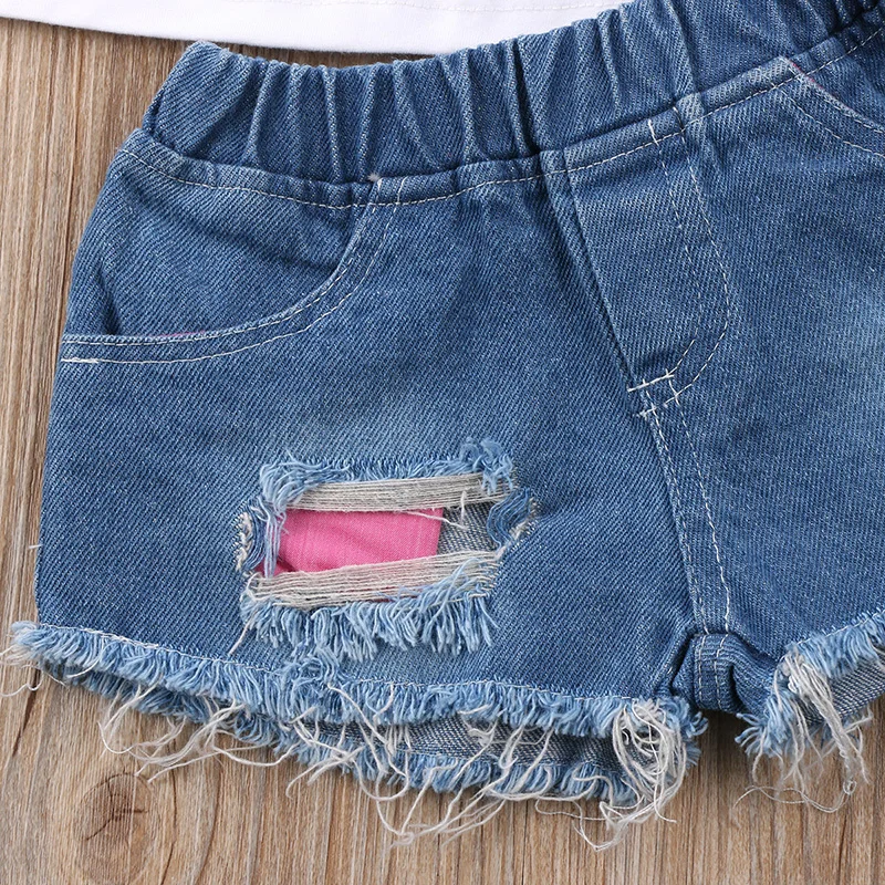 Коллекция года, летний модный жилет без рукавов для девочек топ+ Рваные джинсовые шорты Джинсовый комплект из 2 предметов комплект детской одежды для девочек
