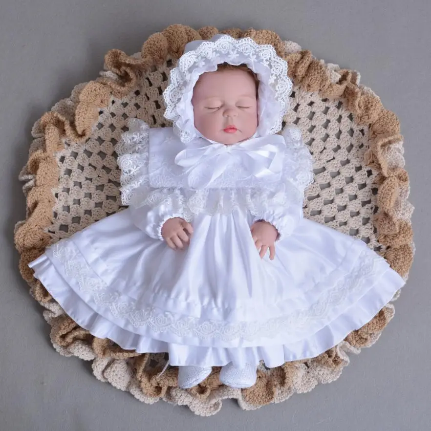 Комплект из 2 предметов, платье для крещения для маленьких девочек белое платье на крестины для маленьких девочек, кружевное длинное платье с вышивкой, шляпа с цветком, от 0 до 24 месяцев - Цвет: Белый