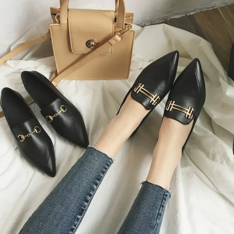 

Dropshipping Korean Fashion Women Flat Spring Autumn New Pointed Toe Sexy Vintage Black Casual Slip on Pu Leather Female Shoes