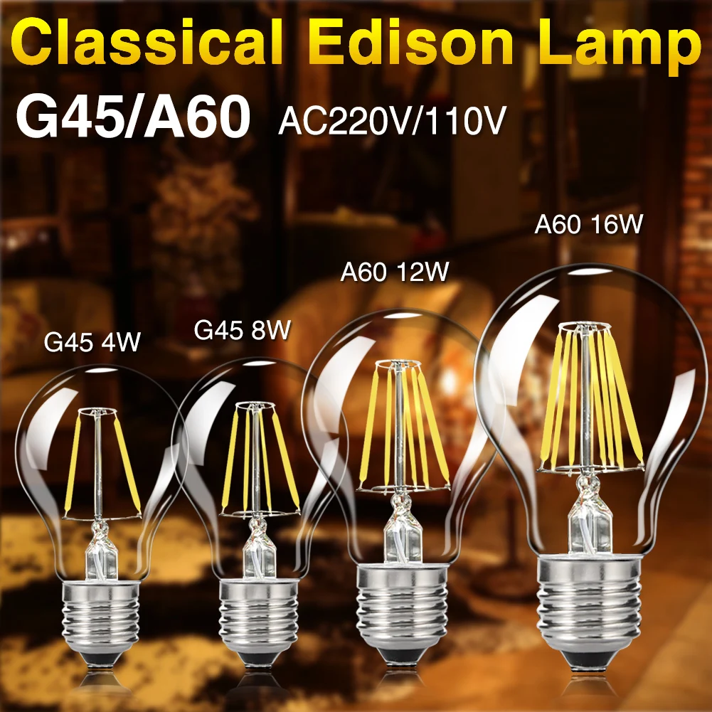 TSLEEN Винтаж COB E27 светодиодный светильник Edison лампада светодиодный лампы 110V 220V G45 A60 ST64 нити светильник 4 Вт 8 Вт 12 Вт 16 Вт Ретро светильник ампулы