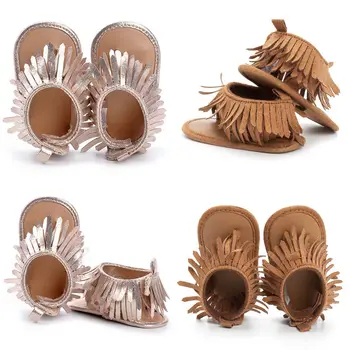 

2017 Summer Cute Newborn Baby Girl Crib Shoes Leather Tassels Soft Sole Sandal Prewalker 0-12M