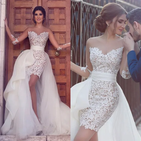 Sexy O-Neck Sheer Long Sleeve Lace With Tulle Detachable Skirt Wedding Dresses 2017 Vestido De Noiva Sexy Beach Bridal Gowns