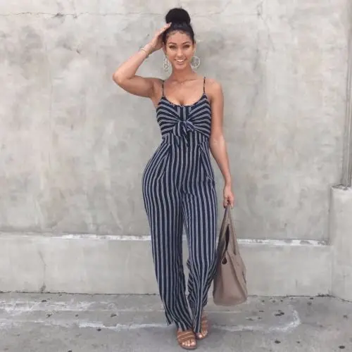 2019 Elegant Striped Sexy Spaghetti Strap Rompers Women Sets Sleeveless Backless Bow Casual Wide Legs Jumpsuits Leotard Overal