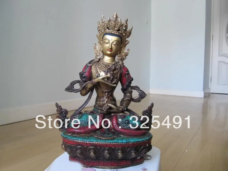 

Tibet temple Pure Bronze inlay Red coral turquoise Vajrasattva Kwan-Yin Buddha z