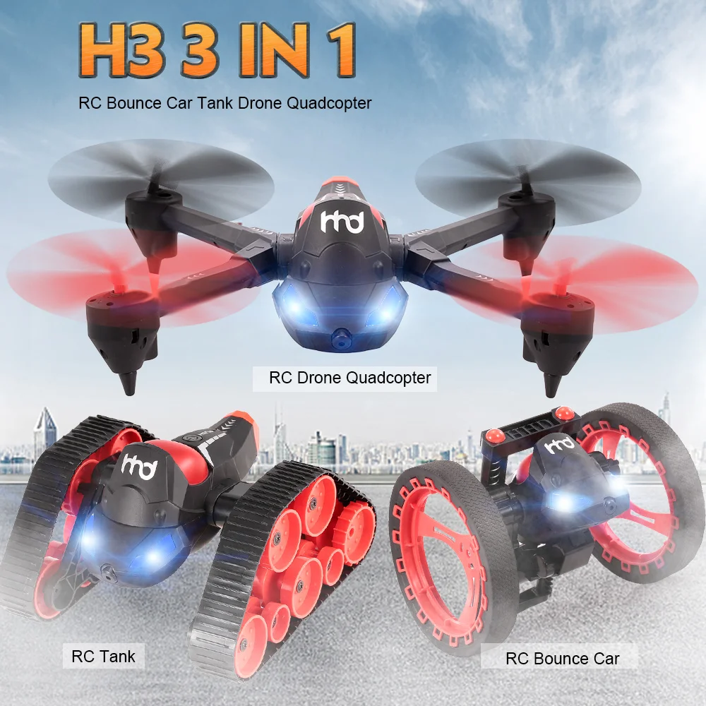 H3 2.4GHz 3in1 RC Car 480P Wifi FPV Camera Bounce Tank Drone with Camera G-sensor One Key Return Quadcopter RC Toy Kids Gifts H3 2.4GHz 3in1 RC Car 480P Wifi FPV Camera Bounce Tank Drone with Camera G-sensor One Key Return Quadcopter RC Toy Kids Gifts