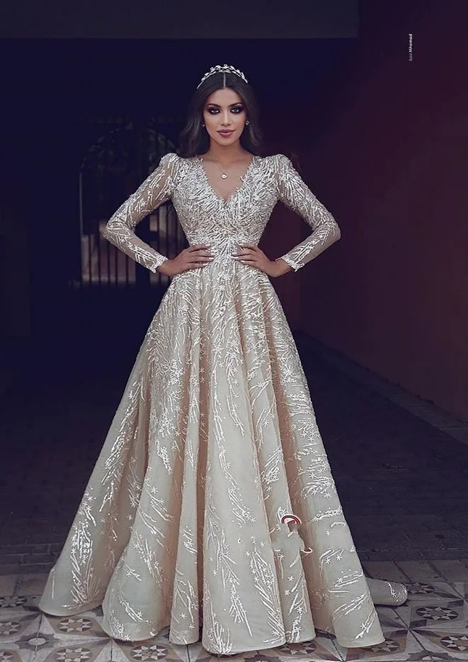 Vestido novia boho скромные свадебные платья с длинным рукавом из бисера А-силуэта Свадебные платья с v-образным вырезом