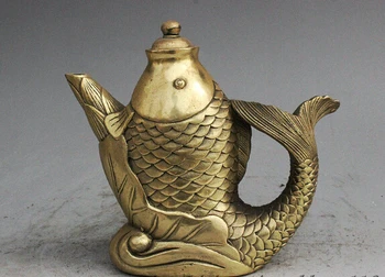 

yy ymy 1017++++++Marked Folk China Dynasty Brass Lotus Fish Form Statue Lucky Wine Tea Pot Flagon