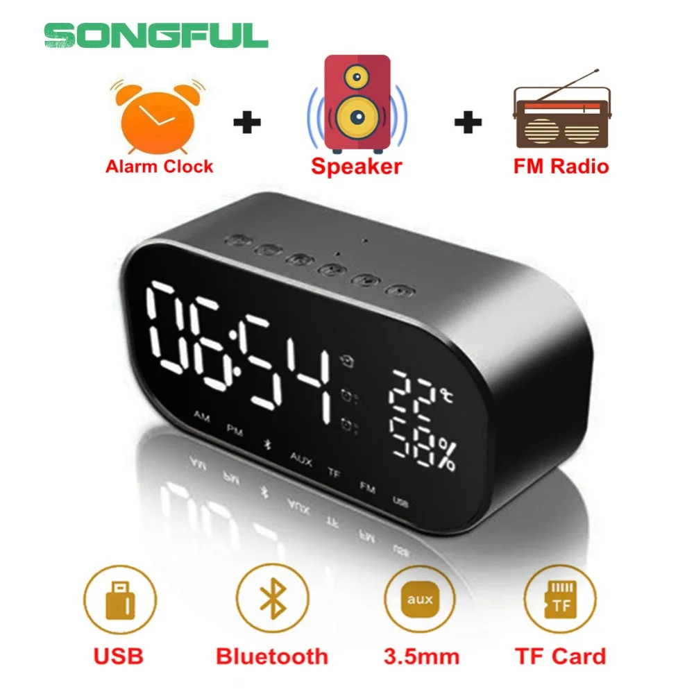

S2 Smart Alarm Cock Wireless Bluetooth Speaker USB 3.5mm Aux Jack TF Card FM Radio with Microphone Mic LED Loudspeaker Sound Box