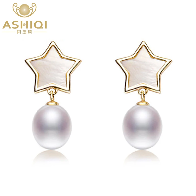 

ASHIQI Real Freshwater Pearl Earrings Natural shell stars drop earrings 925 sterling silver jewelry For Women gift