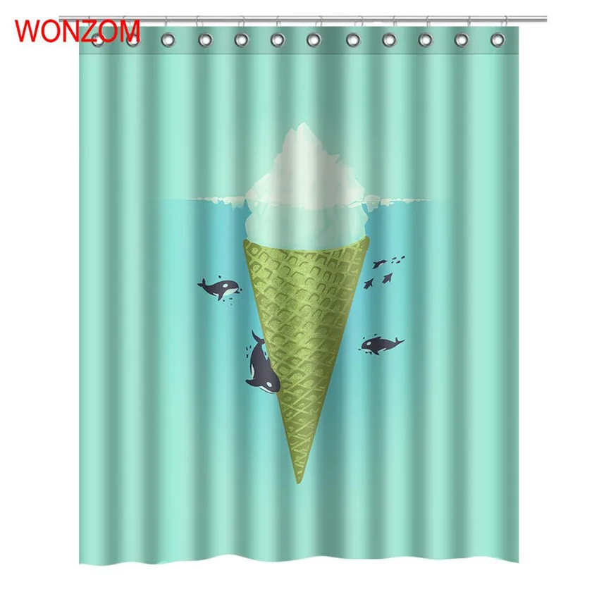 Wonzom Modern Ice Cream And Shark Bath Waterproof Curtain