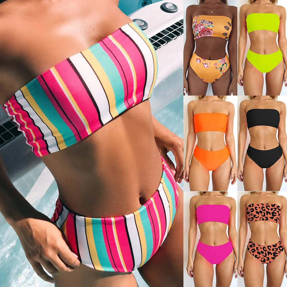 

2019 Women's Bikini Swimsuit Sexy Tube Top Color Printed Bikini Swimming Beach Spa Holiday Women's Swimsuit 0965