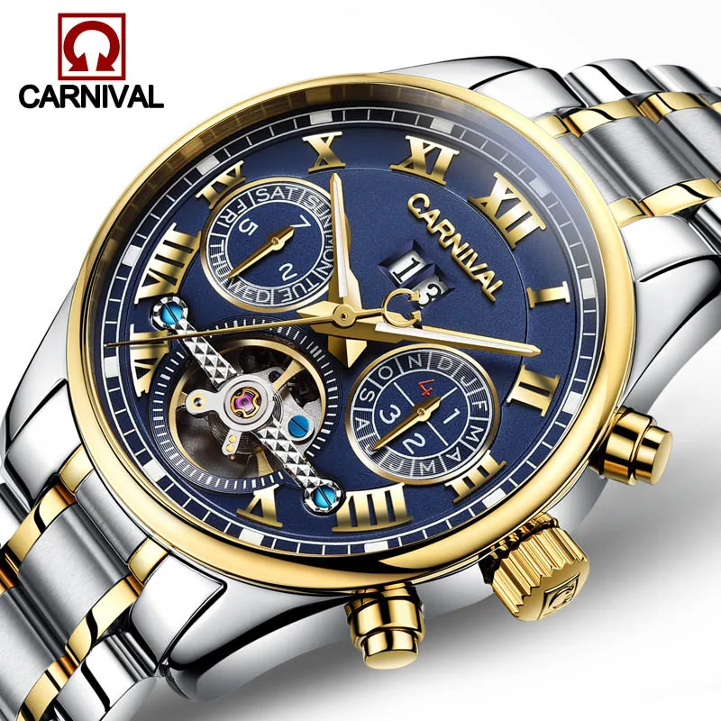 

Tourbillon skeleton Automatic Clock CARNIVAL Brand Men Watch Mechanical Waterproof Wristwatch Mens Relogio Masculino Sapphire