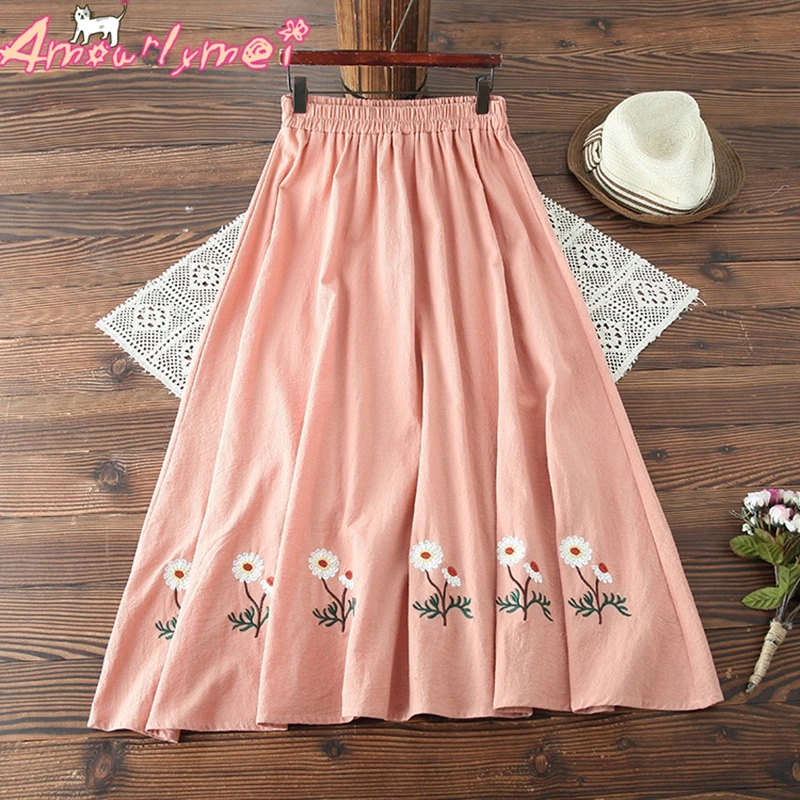 

2019 Spring Summer New Women's mori Girl Sweet Daisy Embroidered Elastic Waist Retro Cotton Linen Casual Skirt Female Saias