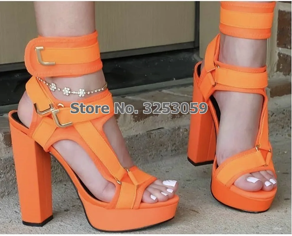 ALMUDENA/новейшая модель; цветные босоножки на массивном каблуке с ремешком из пвх; обувь на платформе с металлическими украшениями и ремешком с пряжкой; туфли-лодочки в стиле пэчворк; свадебные туфли - Цвет: orange as picture